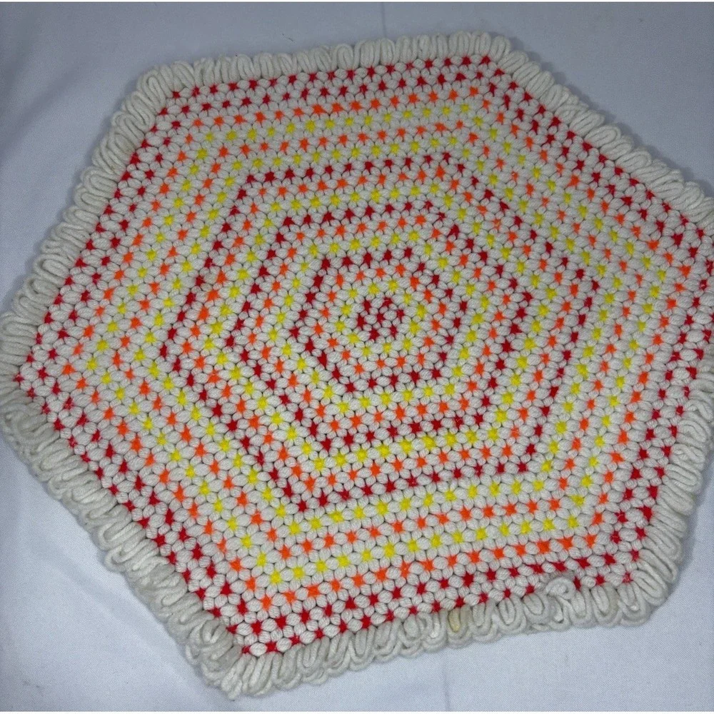 Handmade Yarn Placemat Hot Pad Knit Crochet Double Sided Orange Vintage 1970s